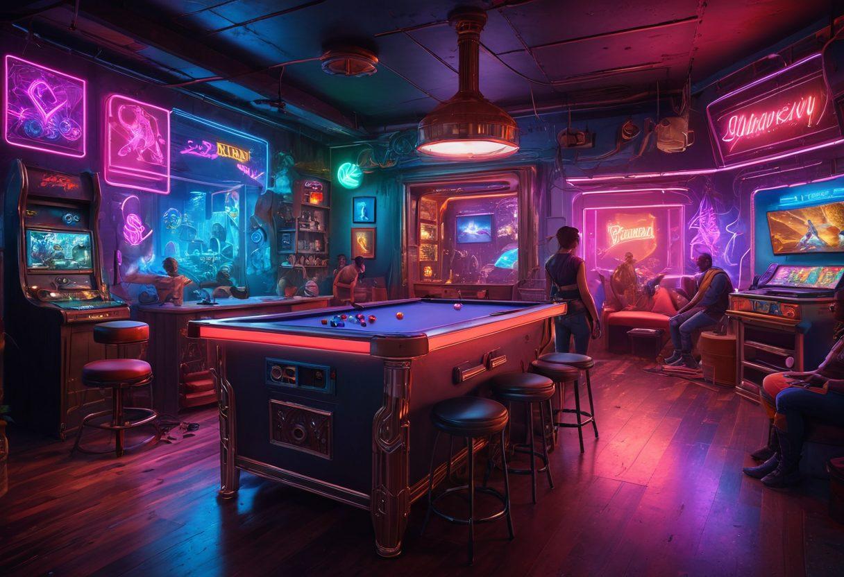 A captivating scene depicting a diverse group of people engaging in playful, interactive adult games, set in a vibrant, modern game room filled with neon lights and bold colors. Include gaming consoles, VR headsets, and laughter, emphasizing excitement and inclusivity. In the background, artful illustrations of fantasy characters hint at immersive storylines. Add elements that suggest exploration and adventure, such as treasure chests and mysterious artifacts. vivid colors. cyberpunk style.