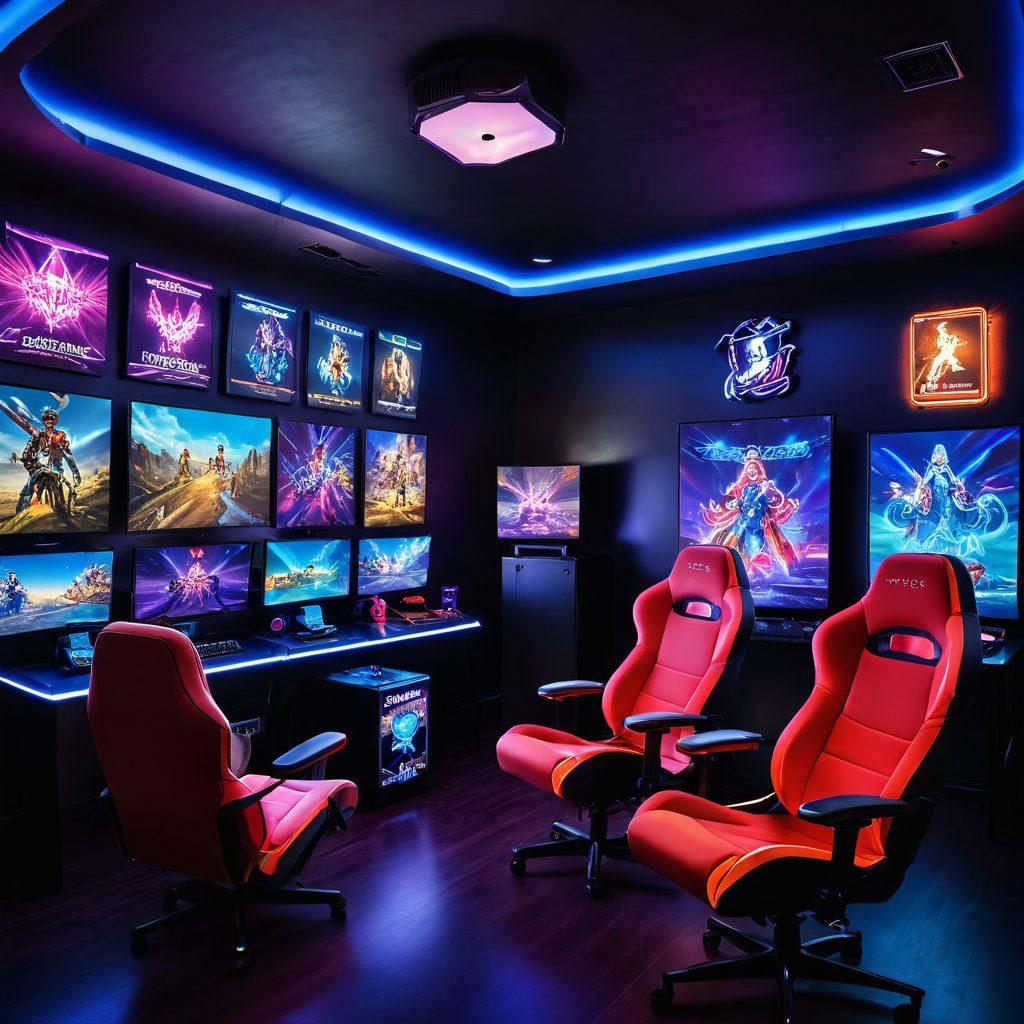 A vibrant, immersive gaming setup featuring an array of adult-themed video games with colorful neon lights, plush gaming chairs, and a large immersive screen displaying enticing game visuals. Include subtle hints of fantasy elements, such as whimsical characters and imaginative landscapes, that represent various adult game genres. The ambiance should feel inviting and playful, with a touch of exclusivity. super-realistic. vibrant colors. atmospheric lighting.
