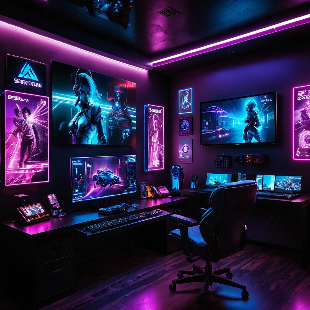 A provocative scene featuring a stylish, modern gaming setup with an adult-themed game displayed on the screen. The room is dimly lit with neon lights reflecting off sleek surfaces, showcasing a mix of playful and edgy elements like playful figurines and adult-themed posters. Include subtle hints of eroticism, such as a suggestive art piece on the wall. The atmosphere should evoke a sense of intrigue and allure. vibrant colors. cyberpunk.